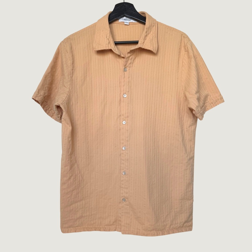 Calvin Klein Mens Short Sleeve Button Down Shirt Orange Cotton Textured Large